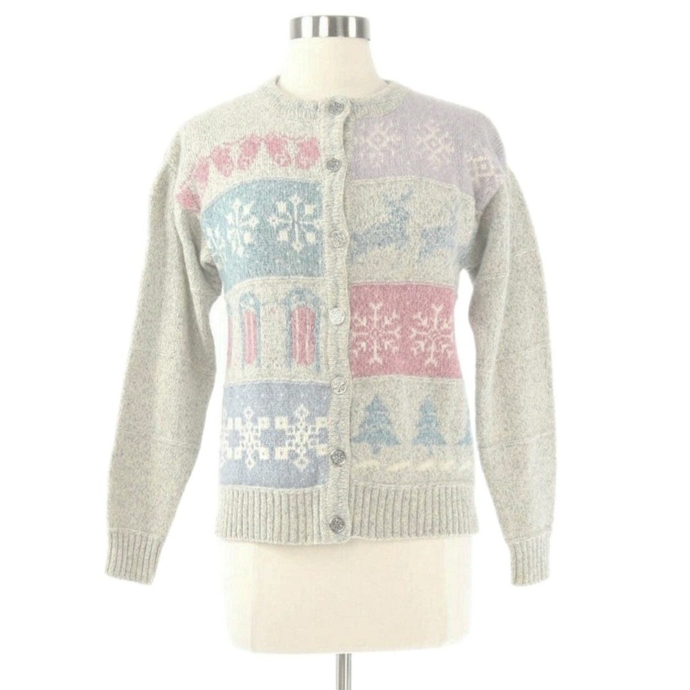80s Vintage Woolrich Wool Cardigan Womens S Pastel Fair Isle Snowflake Sweater - Picture 5 of 7